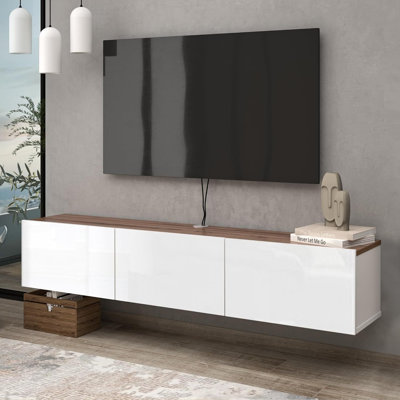 Meuble télé mural blanc brillant, meuble audio-vidéo avec design flottant