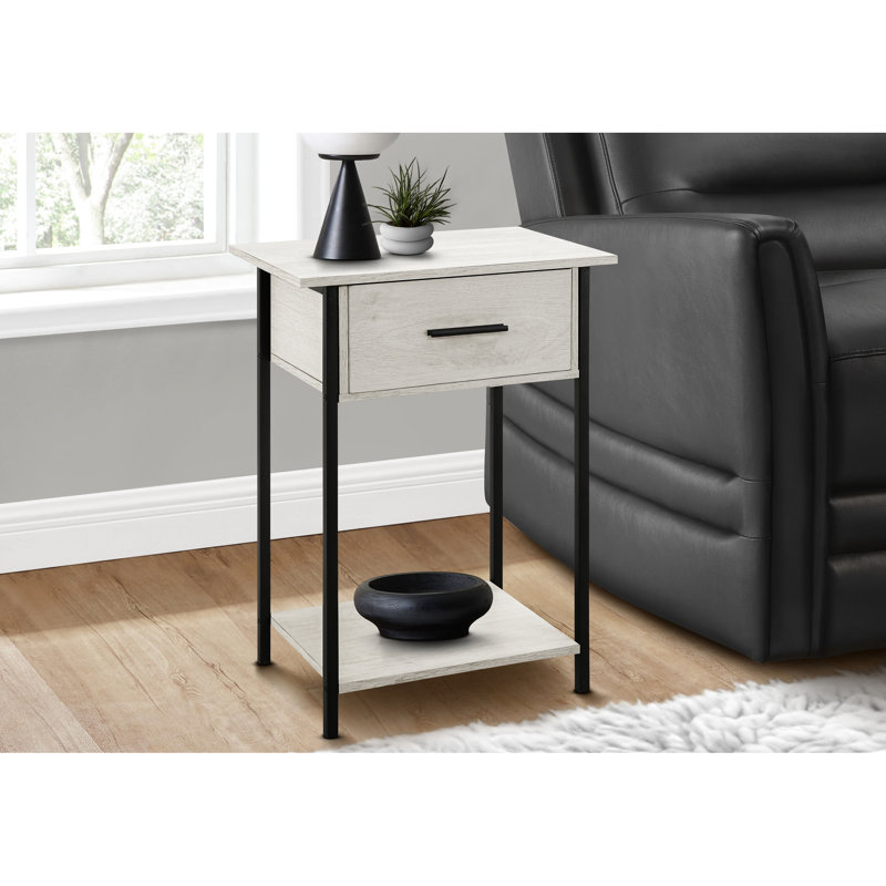 Chic Accent Table With Shelf - Washed Oak Laminate & Black Metal Look 2 Tier For Living Room And