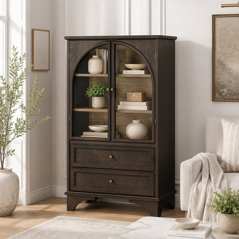 Modern Transitional Accent Storage Cabinet with Arched Glass Doors and Adjustable Shelf, Brown