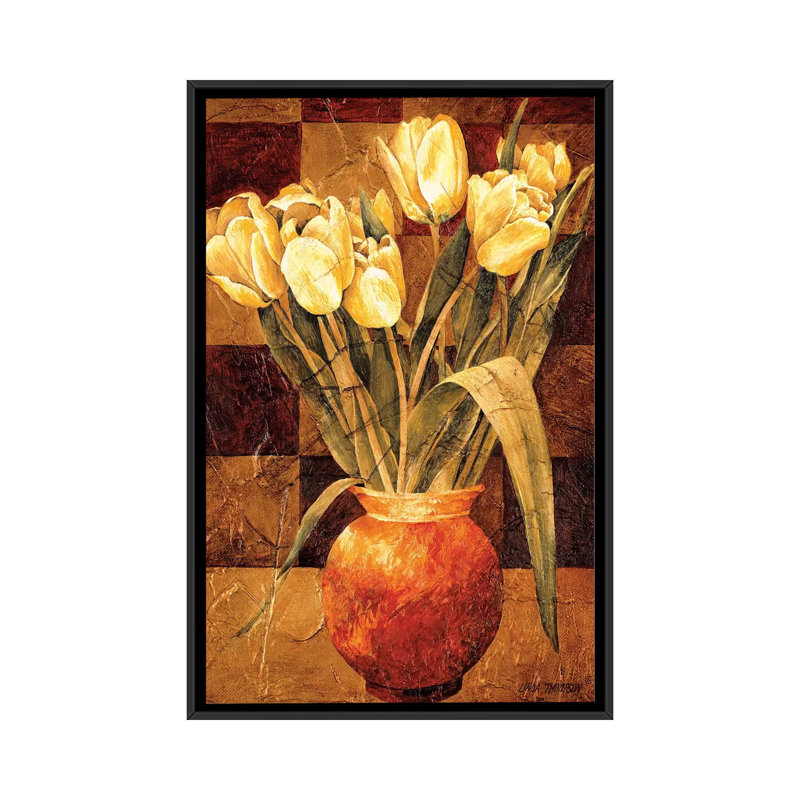 « checked tulipes i », impression sur toile, H 26 po x l 18 po x P 1,5 po, Toile avec cadre noir, Pas de tapis