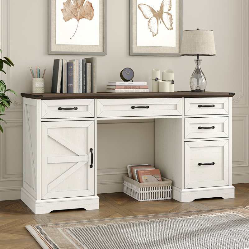 Deanjelo 57" Farmhouse Computer Desk with Outlet and 5 Drawers&Filing Cabinet,Large Storage Cabinet for Home Office,Off White/Rustic Brown