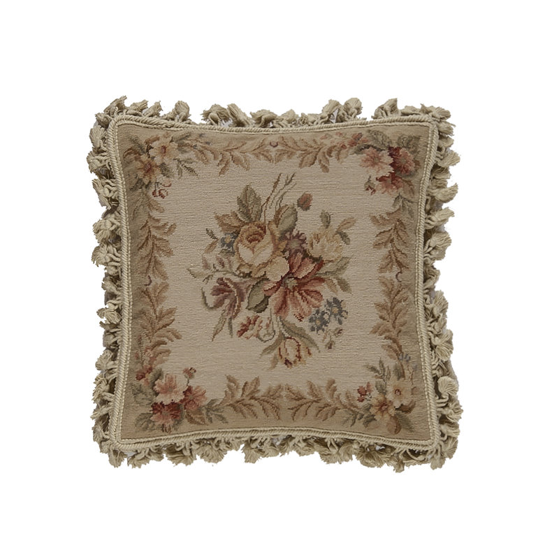 Needlepoint Fringed Reversible Throw Pillow, Dark Brown Floral, Square 16"