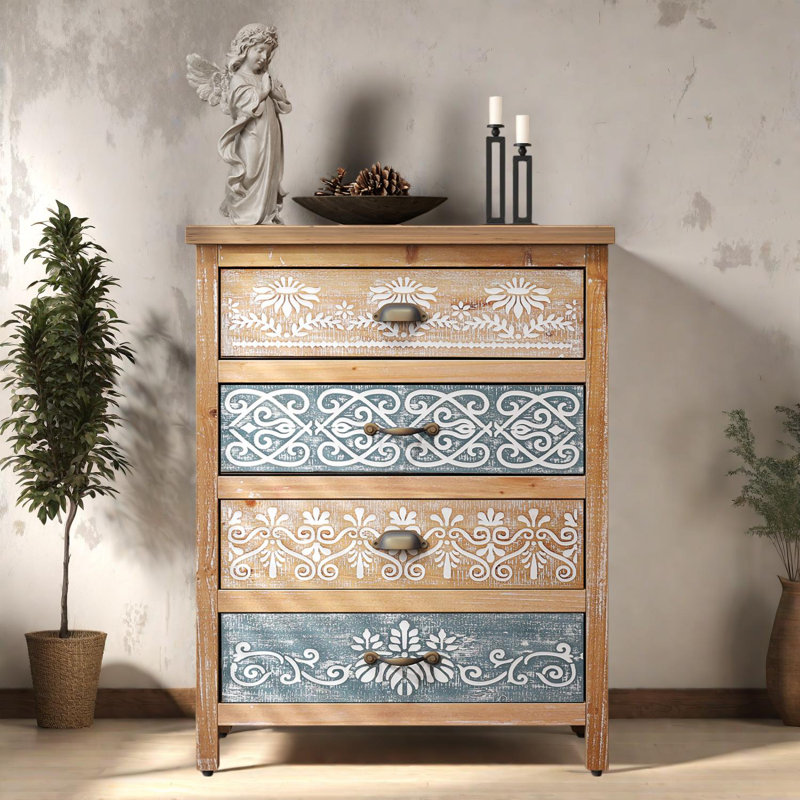 Vintage Four-Drawer Chest with Distressed Wood & Ornate Patterns, Rustic Storage Dresser