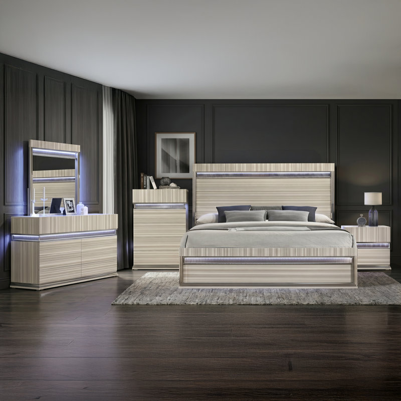Velmora Contemporary Bedroom Set with LED Headboard & Storage Pieces, 5 Pcs: Bed, Nightstand, Chest, Dresser, Mirror, King