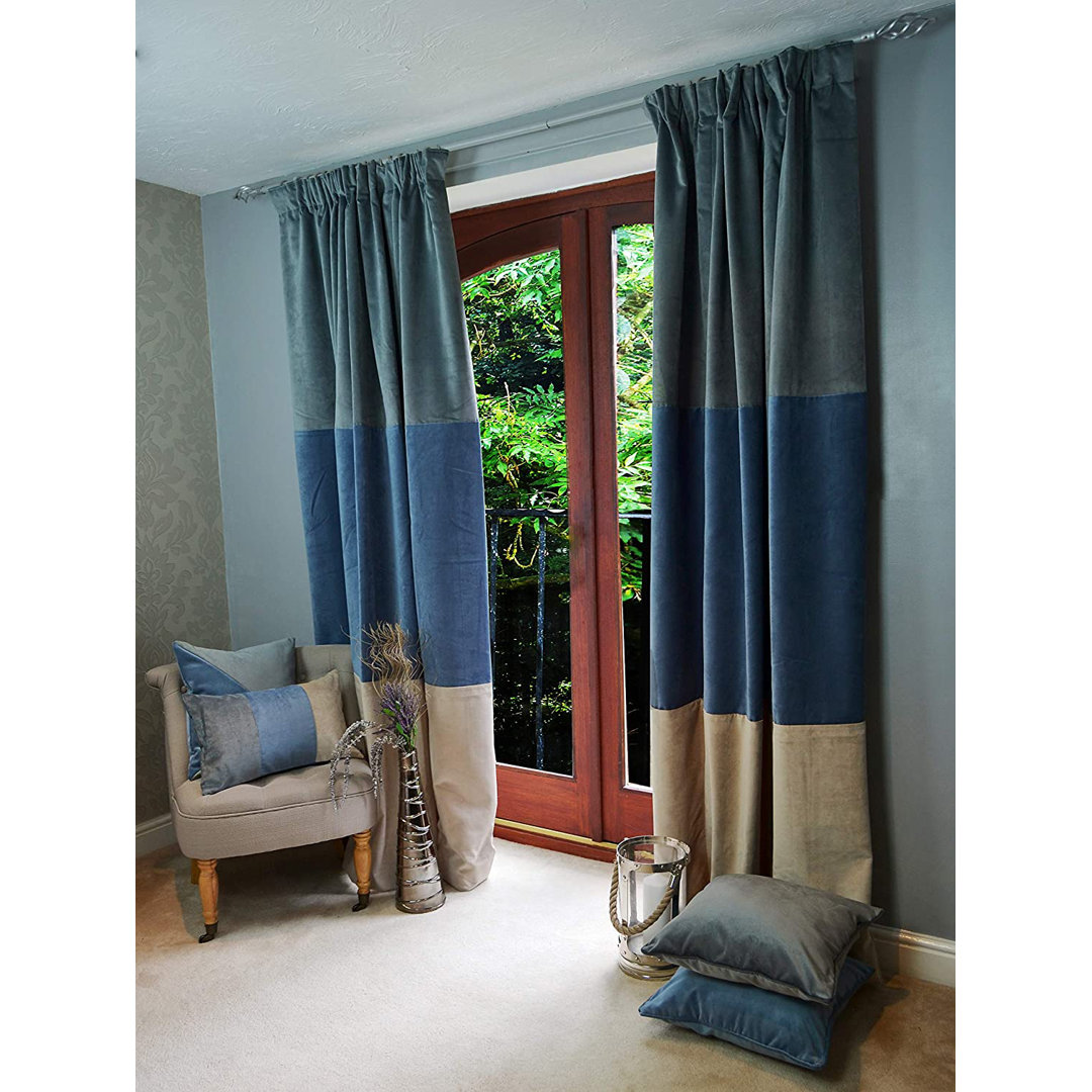 Crosen Patchwork Velvet Curtains 2 Panels Blue, Gold & Grey Luxury Soft Made To Order Curtains & Drapes