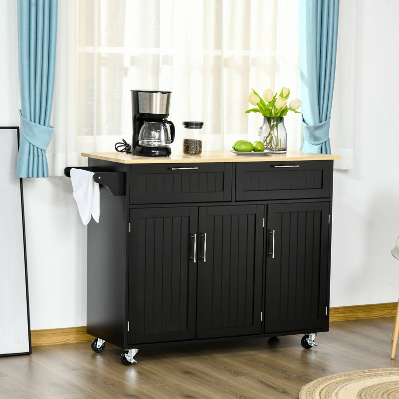 Îlot de cuisine avec rangement - noir. Plateau en bois, tiroirs, armoires et tablettes réglables. Ajouter un espace de travail. Économisez de l'espace. Facile à déplacer. Design contemporain. L 43,7 po x l 18,1 po Capacité de 110 lb. Assemblage requis