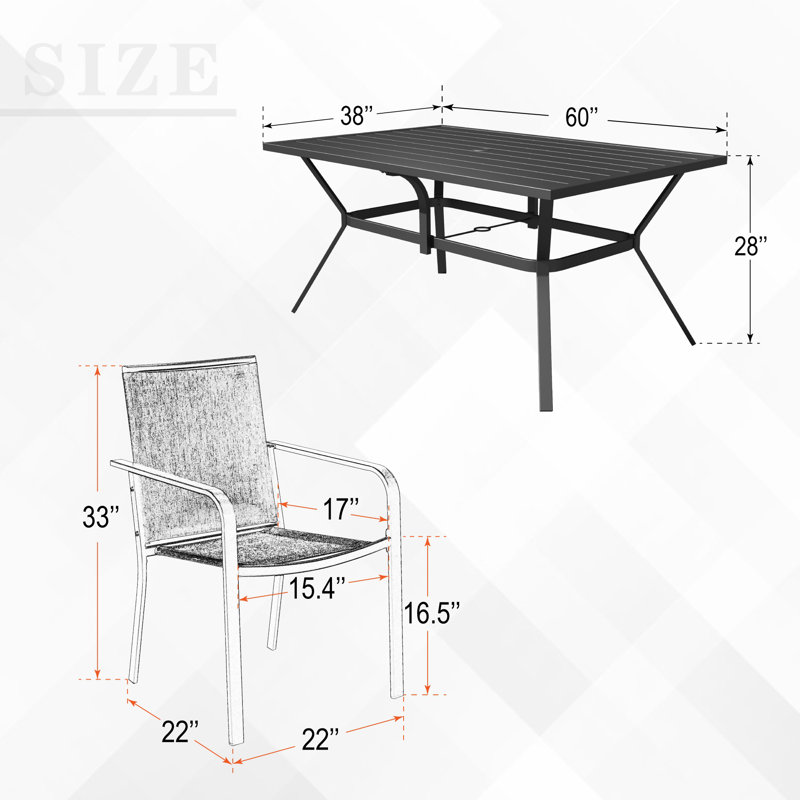 Table d'extérieur rectangulaire en acier pour 6 personnes avec chaises empilables, Gris