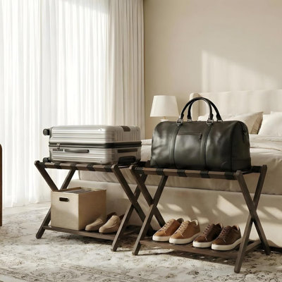 Porte-bagages pliable en bambou 2 pièces avec 5 sangles en nylon, support de valise à 2 niveaux pouvant contenir 150 lb, peu encombrant pour la chambre d'amis, la chambre à coucher et l'hôtel