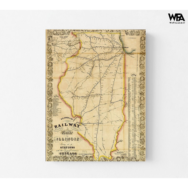 Chemin de fer pour l'Illinois 1855, art mural, impression de route de chemin de fer, carte de l'Illinois antique, carte de l'État de l'Illinois, carte de voyage Old Illinois