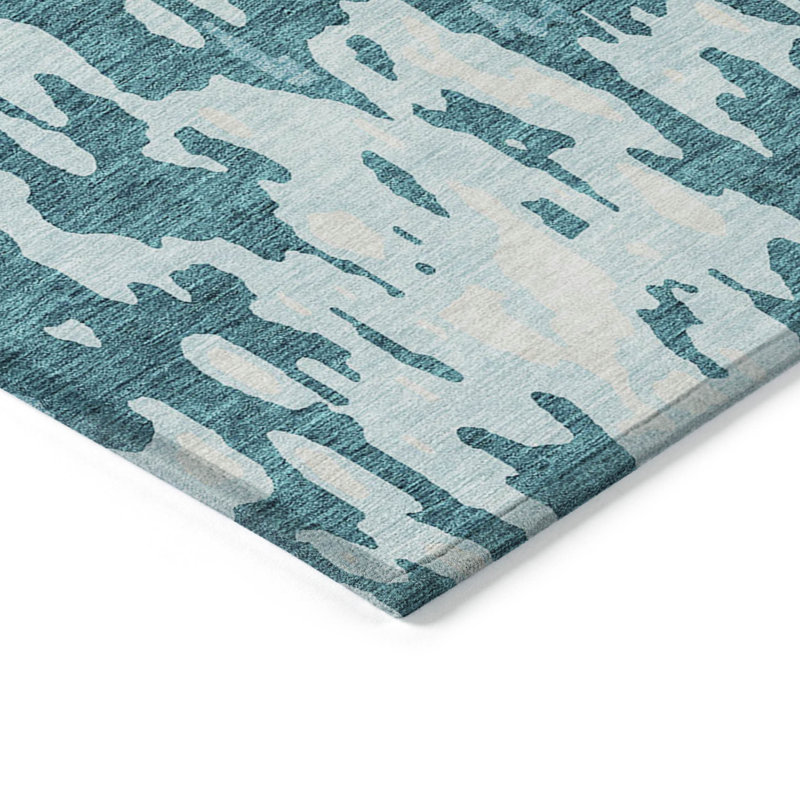 Tapis d'extérieur lavable abstrait bleu sarcelle et ivoire 10 pi x 14 pi
