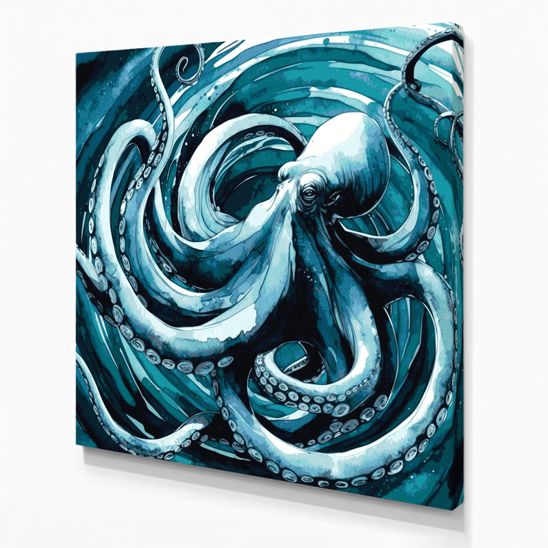 Nautique, pieuvre bleue, art mural sur toile, H 16 po x l 16 po