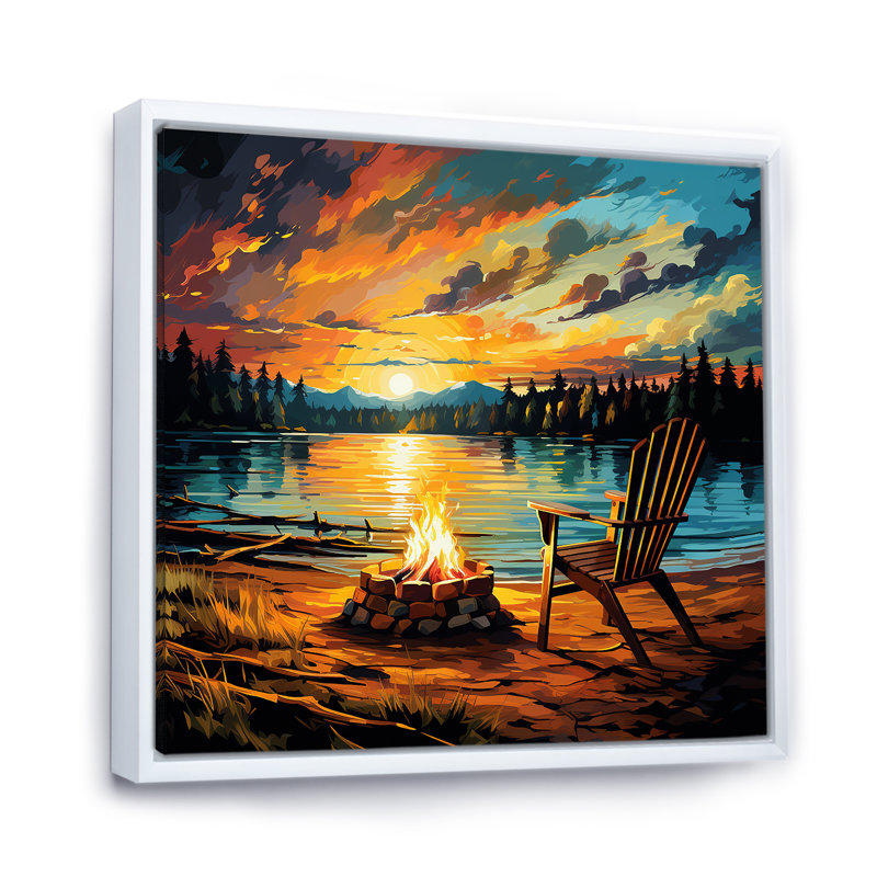 Coucher de soleil sur le feu de camp par The Late - Art mural de chambre de bébé, Cadre flottant blanc, 16" H x 16" W