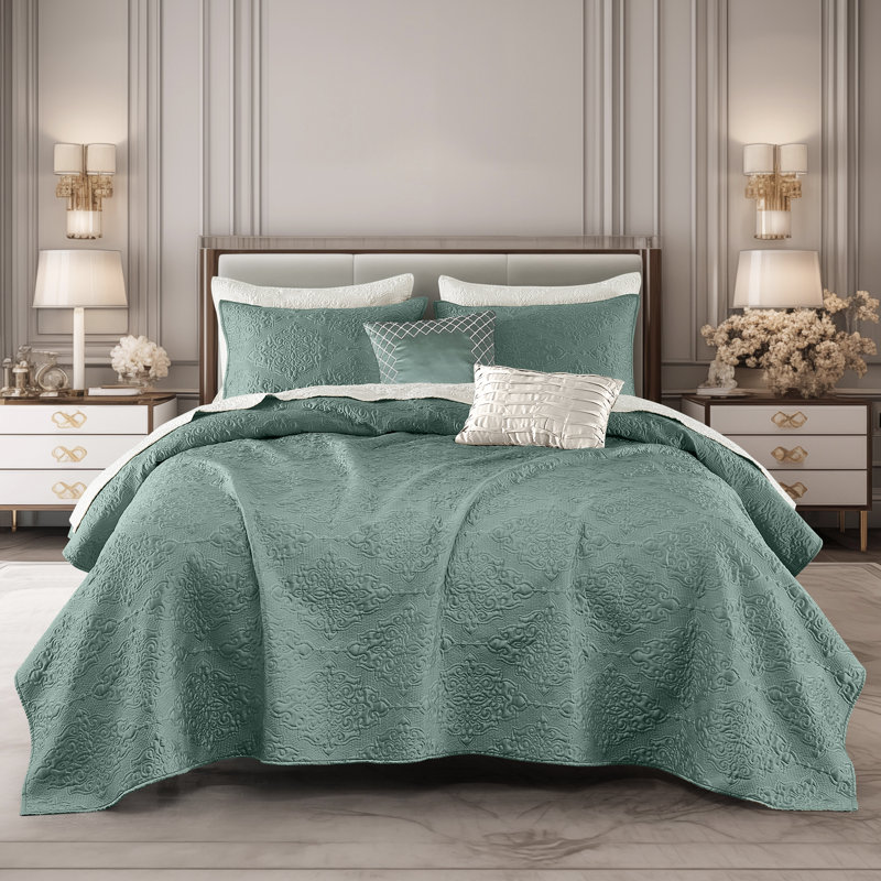 Ensemble de literie 5 pièces Satin, Courtepointe grande taille et 4 pièces supplémen, Bleu minéral