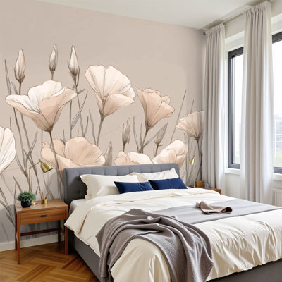 Boho papier peint pelez et collez des fleurs délicates à feuilles épaisses monochromes d'art mural en ligne H 100 po x l 144 po amovible en papier PVC autocollant, décoration murale rétro botanique pour le salon de la chambre à coucher