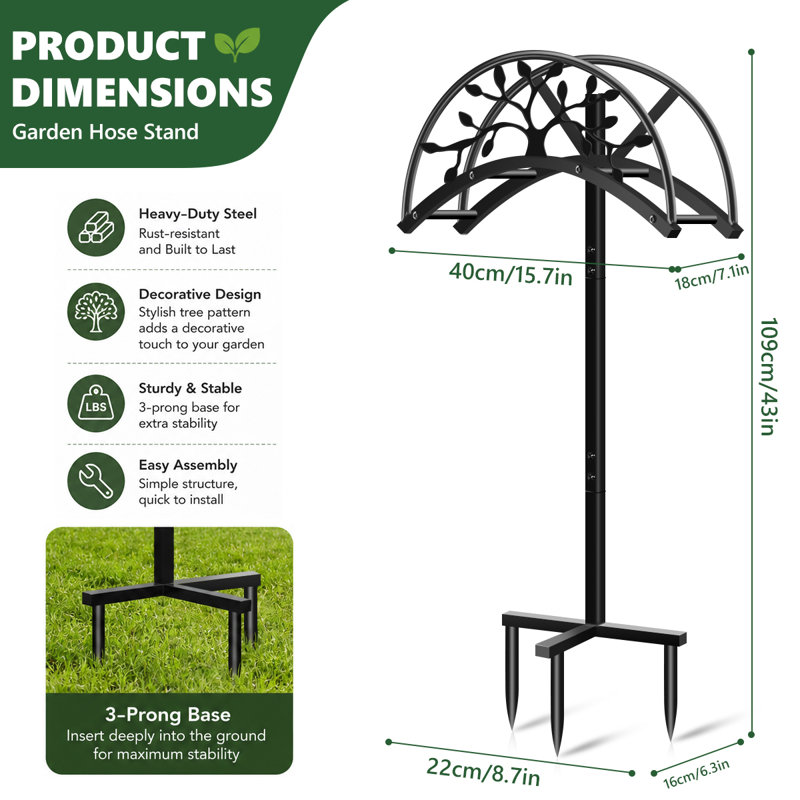 Support de boyau d'arrosage autoportant en métal avec piquet à 3 branches et motif d'arbre décoratif