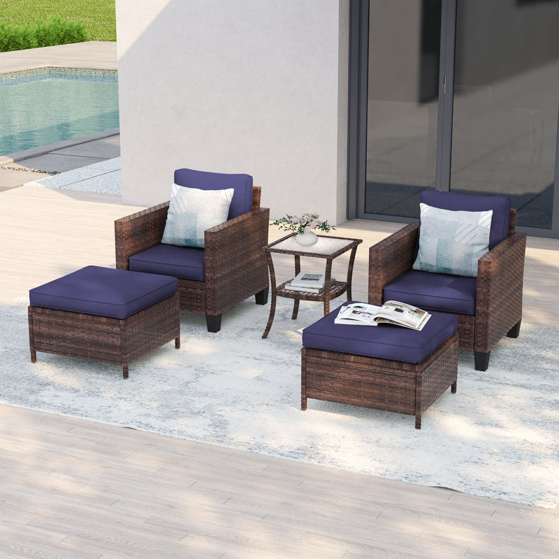 5-Piece Rattan Patio Set,  All Weather Wicker Chair w/Removable Cushion and Sturdy Frame, Brown, Navy Blue