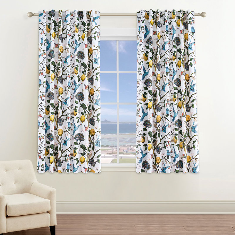 Fancy Hummingbird Patterned Blackout Curtain,Rod Pocket Back Tab Floral Drapes,Set of 2, White, 52" W x 63" L