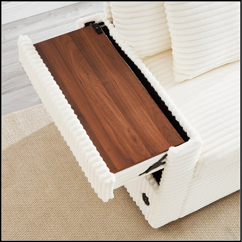 Canapé confortable en velours côtelé moelleux avec rangement, repose-pieds double et plateau de table pour une détente et une commodité ultimes