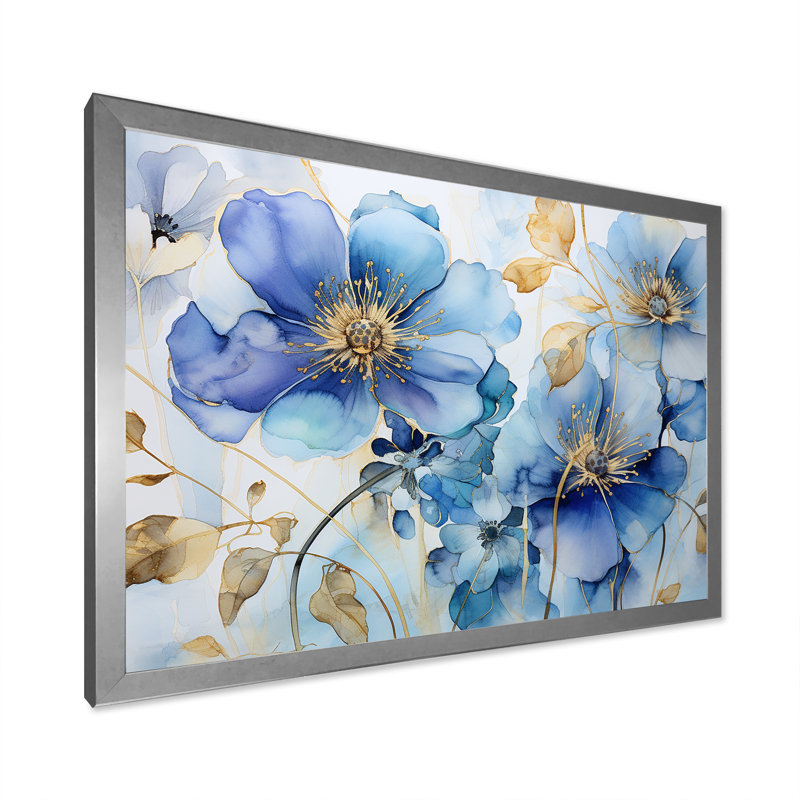 Bleu et or violettes ornées, Cadre simple argenté, H 16 po x l 32 po x P 1 po