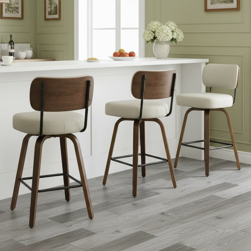26" Swivel Upholstered Counter Stool with Walnut-Finish Bentwood Frame, Beige Grey, 3