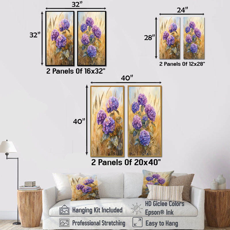 Hydrangeas In A Golden Field I - Floral Canvas Prints 2 Panels Collection, H 40 po x l 41 po, Encadrement argenté
