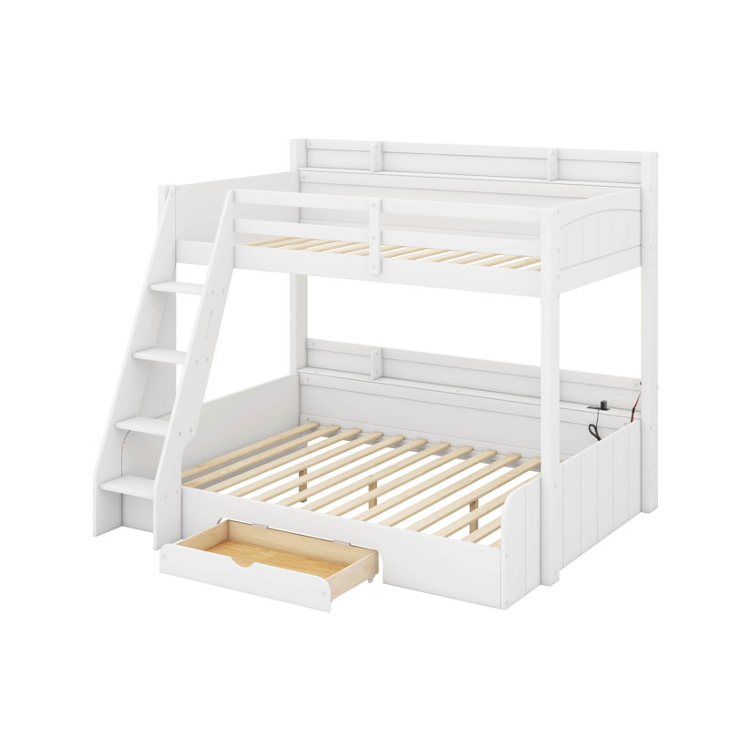 Twin Over Full Bunk Bed With Charging Station And A Drawer, White