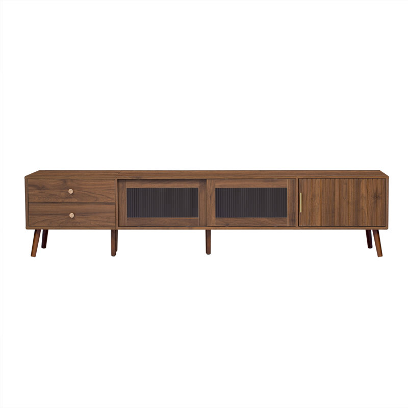 Meuble télé moderne et minimaliste de 76 pouces avec portes vitrées, compatible avec les téléviseurs jusqu'à 85 pouces, meuble multimédia en bois avec rangements.