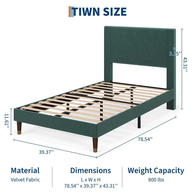 Structure de lit simple avec tête de lit, lit plateforme tapissier en velours côtelé avec support en lattes de bois, aucun sommier nécessaire