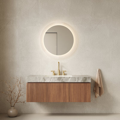 Meuble-lavabo moderne avec comptoir en pierre frittée et lavabo en céramique, espace de rangement spacieux