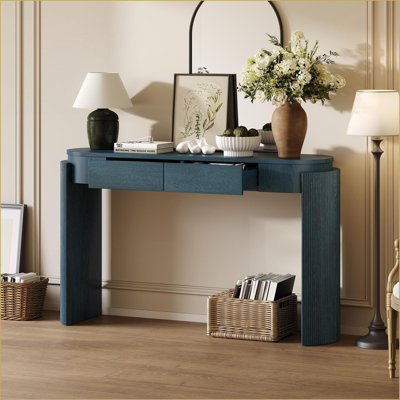 Table basse Trexm marine avec grain de bois naturel, 2 tiroirs et amp; Pieds cannelés - peu encombrants pour le vestibule / le salon