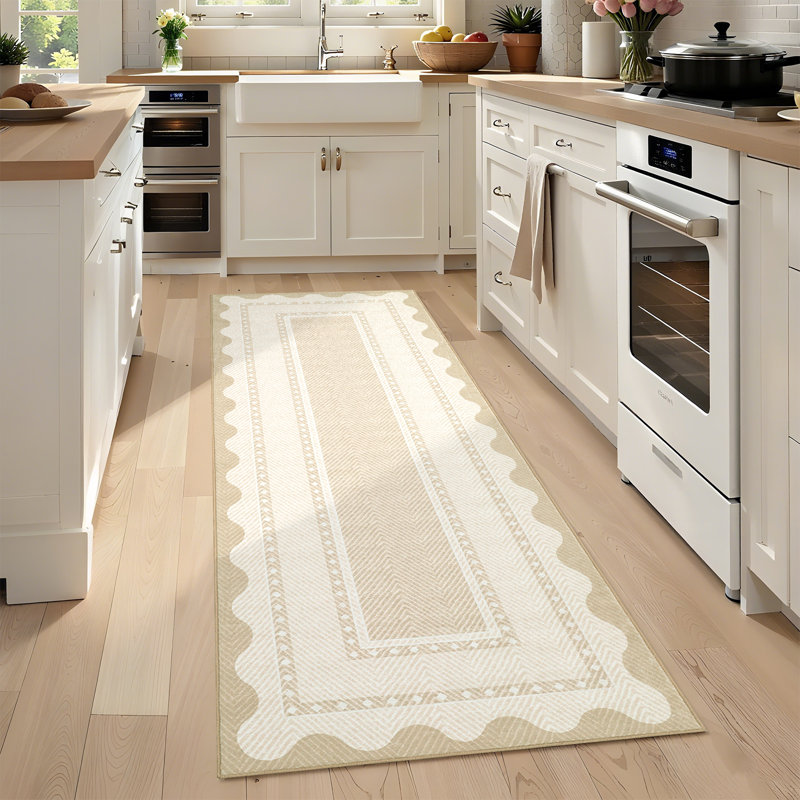 Rectangle Geometric Washable Area Rug, Cream, Runner 60 x 230 cm