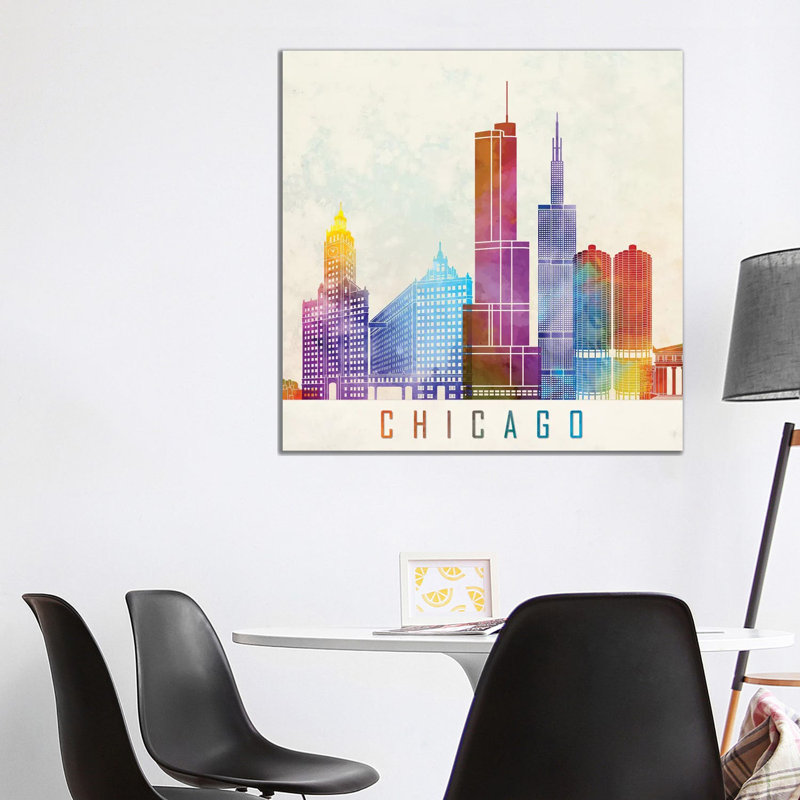 Chicago Landmarks Watercolour 1 Piece Wrapped Canvas Wall Art, 93.98cm H x 93.98cm W 1.9cm D