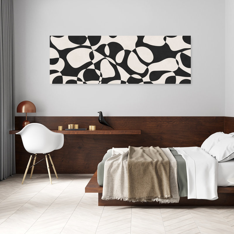 Art mural contemporain abstrait fluide noir et blanc, H 20 po x l 60 po