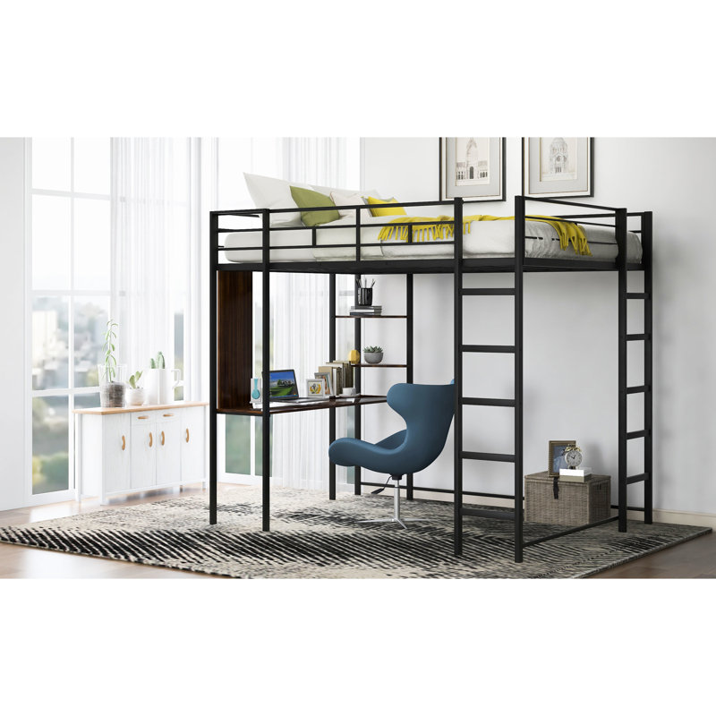 Black Full Size Metal Loft Bed With 2 Shelves & Desk - , Space Saving Solution Size Desk, Secure And Functional Setup, Black