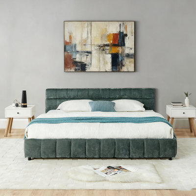 Très grand lit tapissier californien avec tiroir de rangement et tête de lit en chenille
