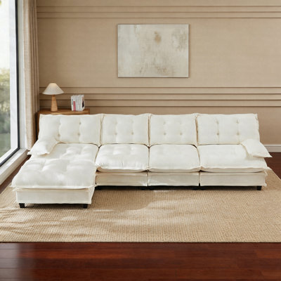 138" Oversized Cloud Sofa, 4-Seater Modular Sectional Couch With Ottoman, Modern Chenille Sofa With Comfy Lattice Cushions For Living Room