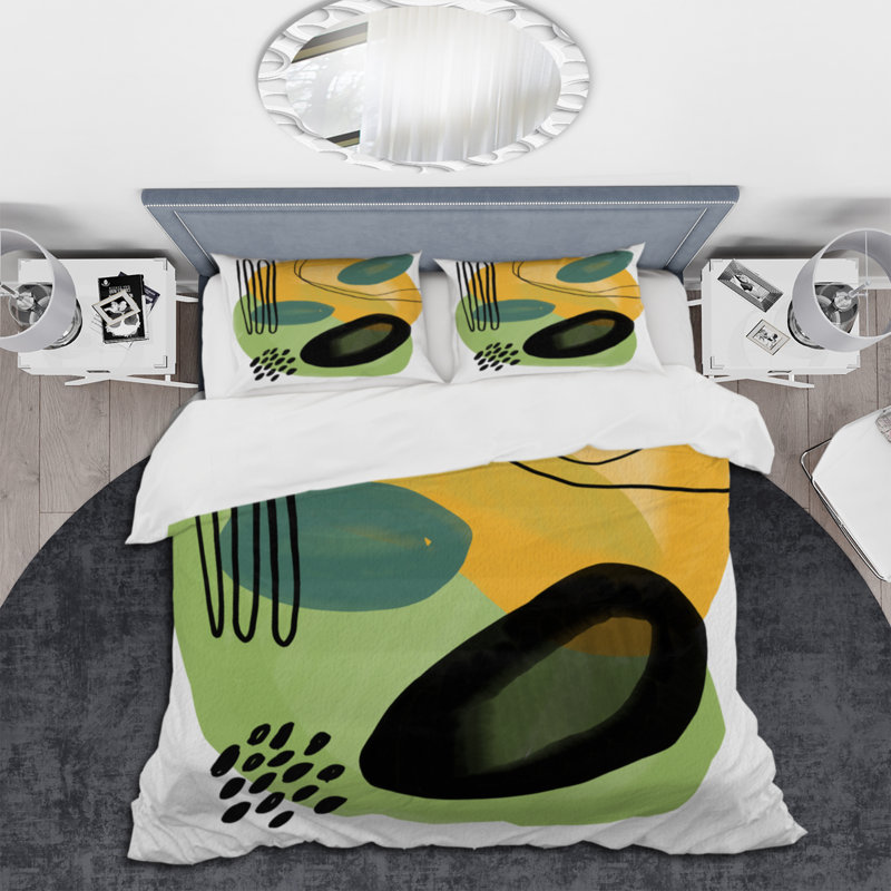 Ensemble de housse de couette en microfibre jaune / vert / blanc, Housse de couette pour grand lit et 2 taies décor