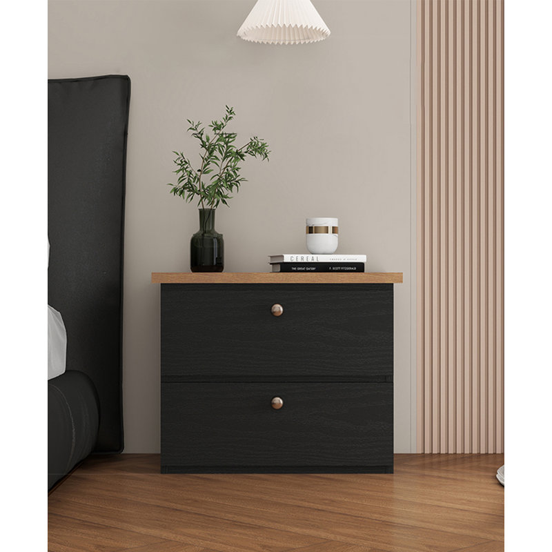 Modern Simple Black Solid Wood Double Draw Nightstand
