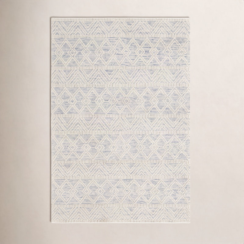 Tapis bleu / crème en laine tissé à plat à la main Tribeca, Rectangle 5 pi x 7 pi 6 po