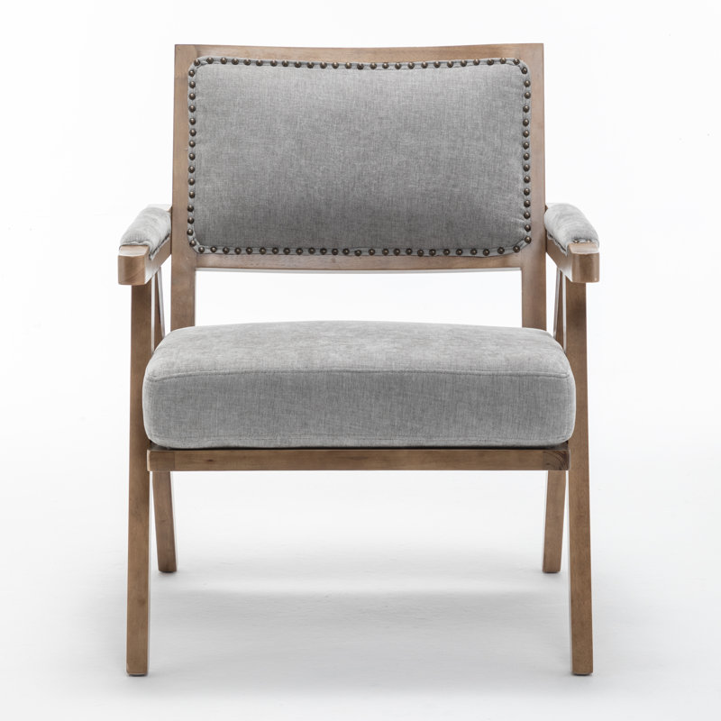 Nordic-Style Solid Wood Cotton-Linen Accent Single Chair, Gray