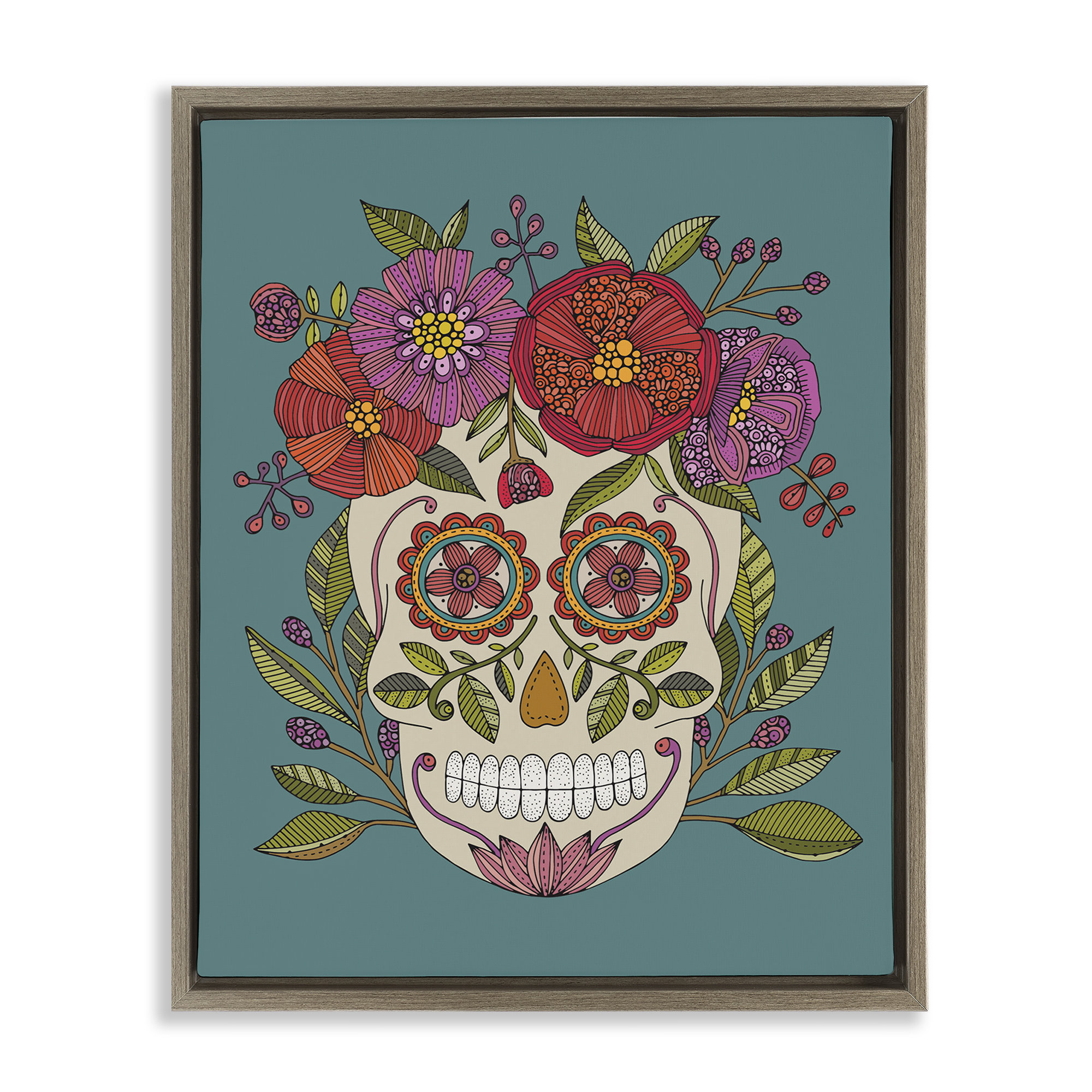Trinx Floral Sugar Skull Framed Floater Canvas Wall Art by Valentina ...