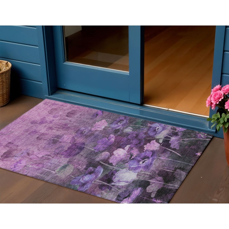 3' X 5' Purple Eggplant And Lavender Floral Washable Indoor Outdoor Area Rug