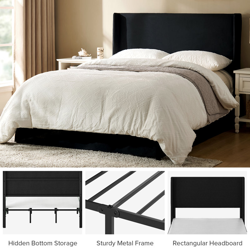 Lit plateforme tapissier Carlyon avec housse lavable et rangement sous le lit, Très grand, Uni MINUIT