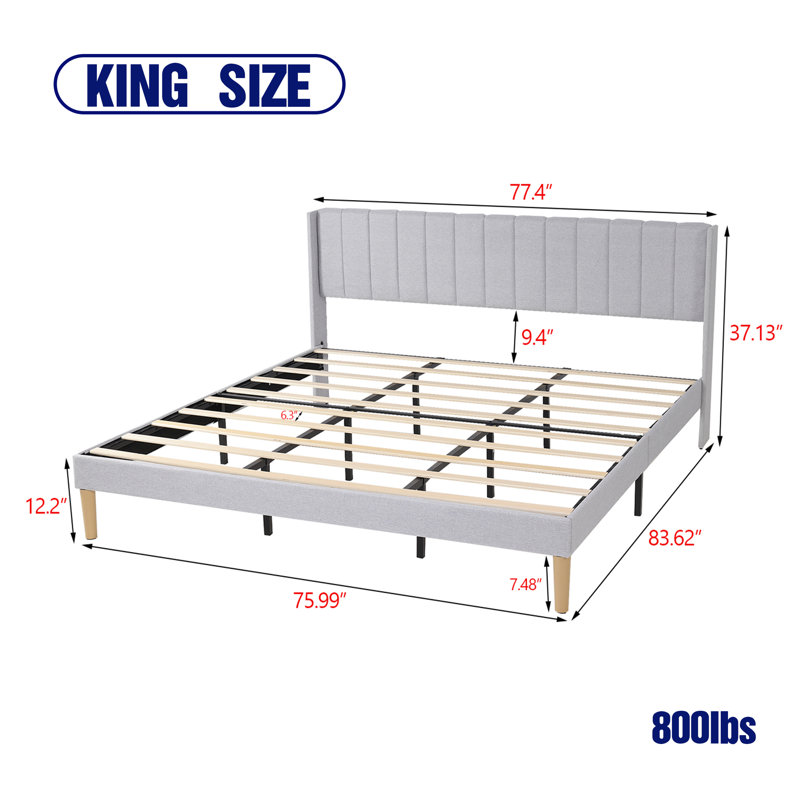 Upholstered Wingback Platform Bed, Light Gray, King