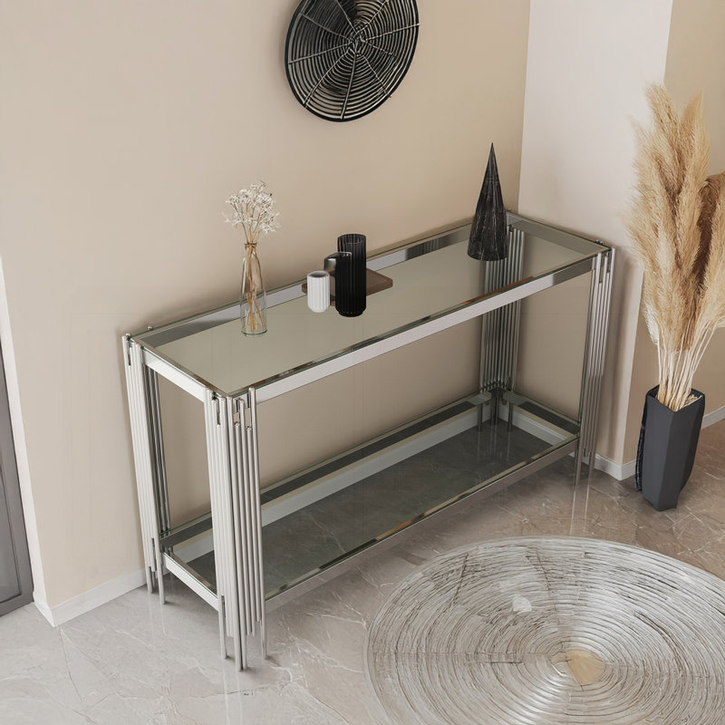 Sophisticated Double-Layer Tempered Glass Console Table with Stainless Steel Frame for Versatile Use, Clear/Silver