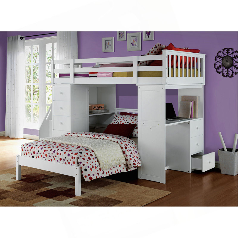 Lit mezzanine Freya avec finition blanche et rangement (sans le lit simple inférieur)
