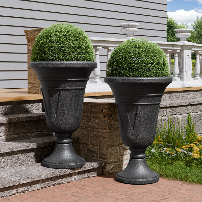2-Pack Trophy Shaped Pedestal Planters, 23.6" Tall Outdoor Urn Flower Pots With Solid Base, Elegant Pattern, Weather-Resistant HDPE