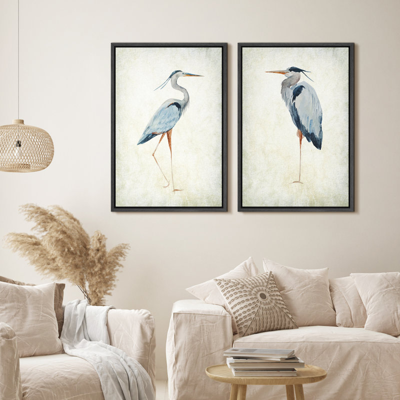 «Blue Heron Bird Portrait Coastal Beach Decor», ensemble de 2 reproductions d'art encadrées sur toile, Noir