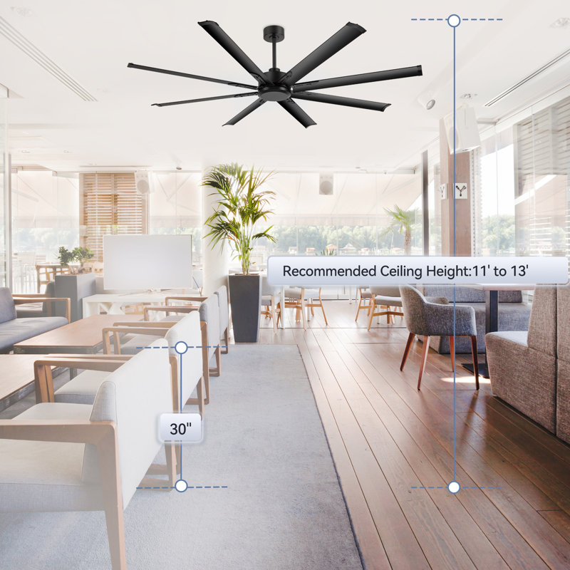 96 Inch Black Industrial DC Motor Ceiling Fan, Large Ceiling Fan With 8 Reversible Blades, 6-Speed Remote Control, Home Or Commercial Ceiling Fans For Porch/Garage/Shop