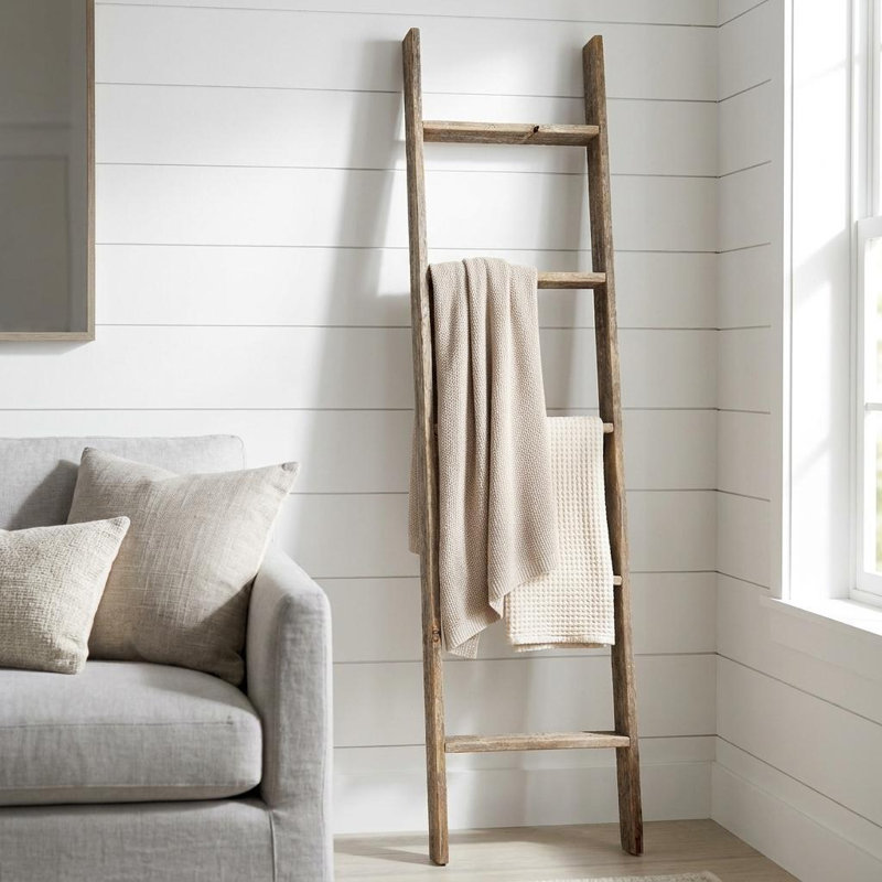 Orla Rustic Step Wood Ladder Shelf, Gray, (4 Shelves) 60" H x 13" W x 4" D
